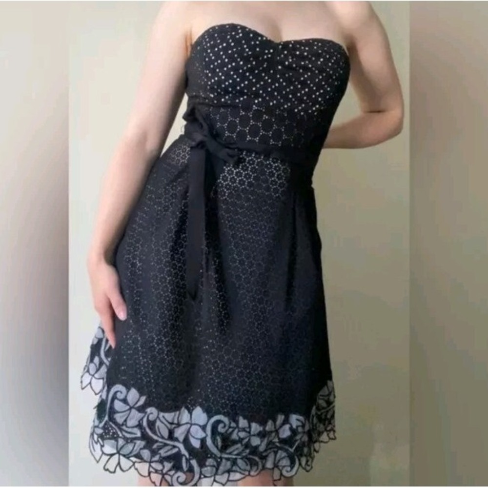 BCBGMaxAzria Black Strapless Eyelet & Floral Overlay Dress